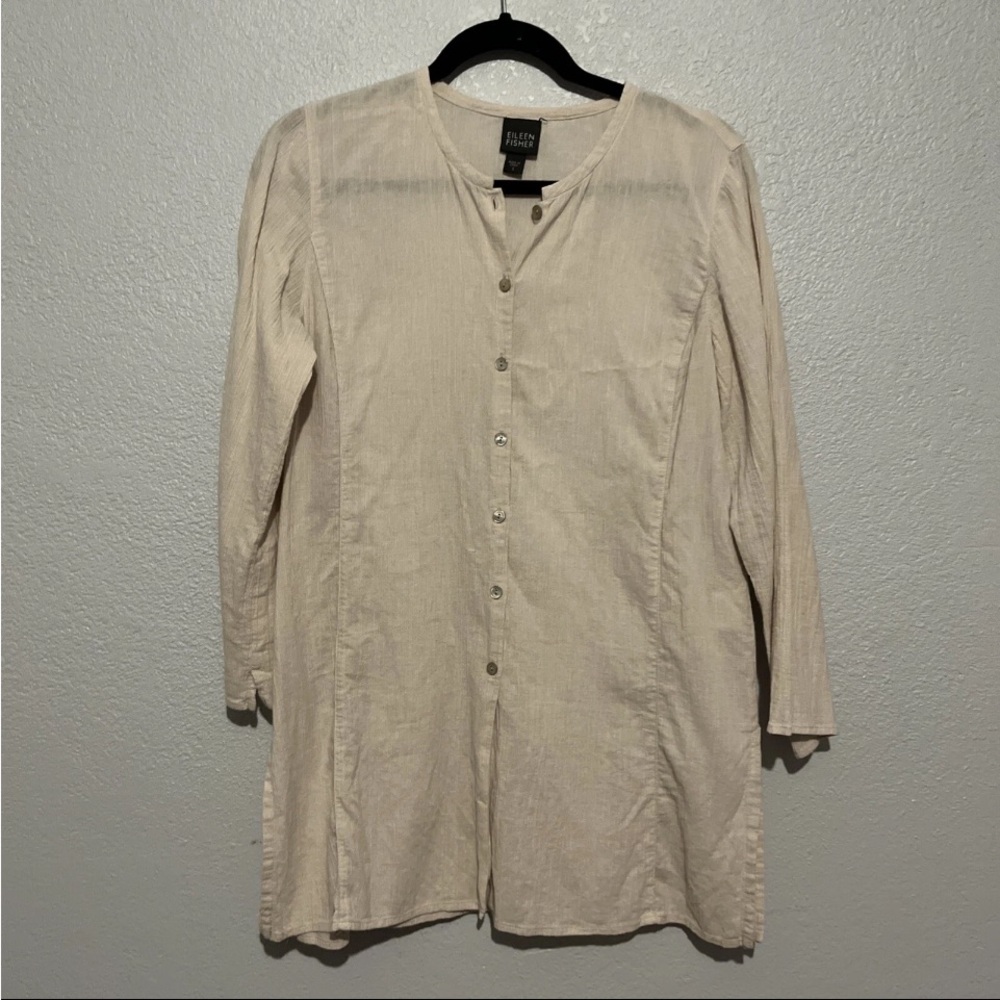 Eileen Fisher Womens Small Tunic Top Cream Wale Long Sleeve Side Slit Shirt USA